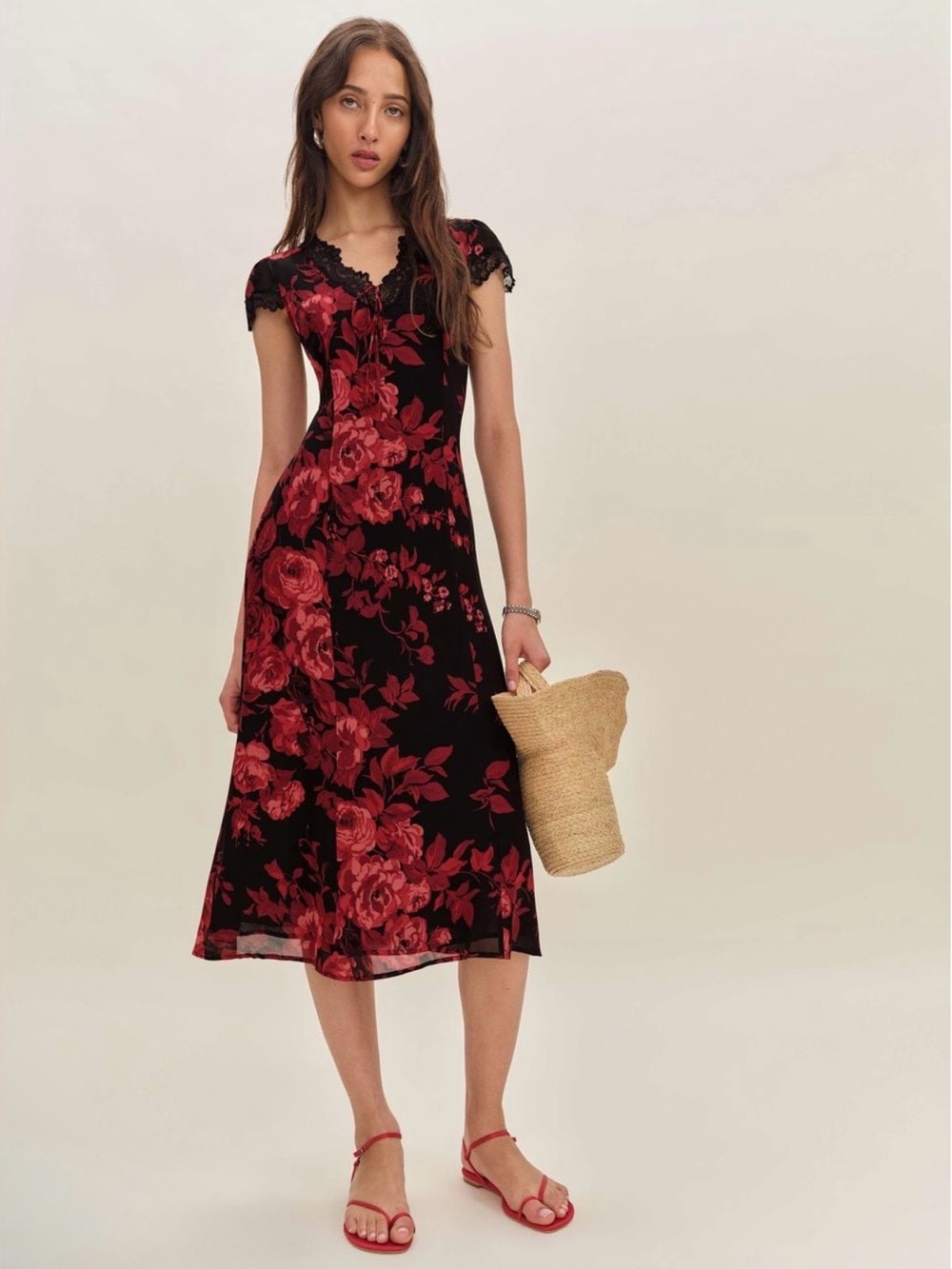 Reformation Tiffie Floral Lace Midi Dress In Basilica Sz 4 MSRP $278 NEW